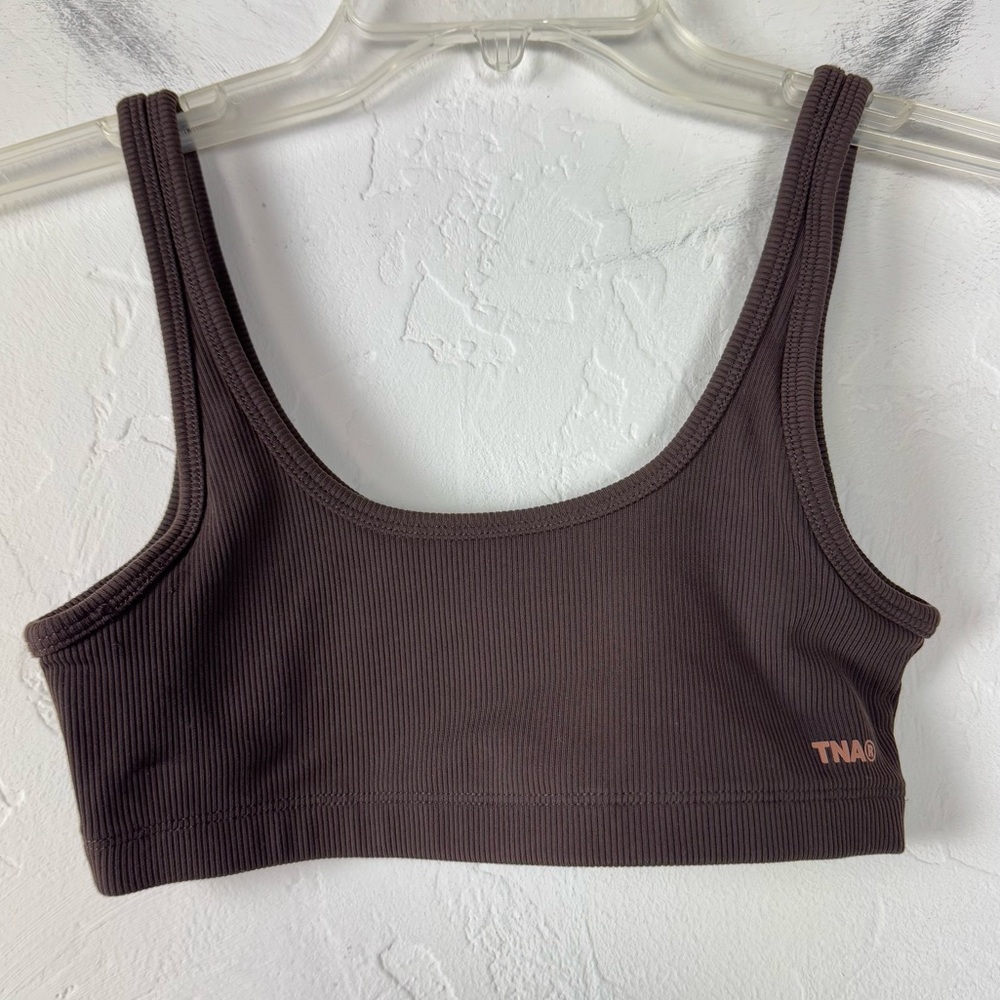 Aritzia TNA Formarib Mini Bra Top Bralette Pull‎ On Crop Shirt Knit Ribbed Brown